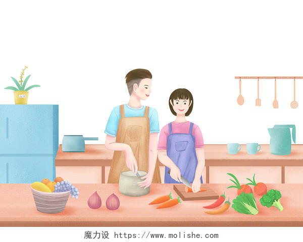 彩色手绘卡通风七夕情人节男孩女孩情侣下厨做饭元素PNG素材